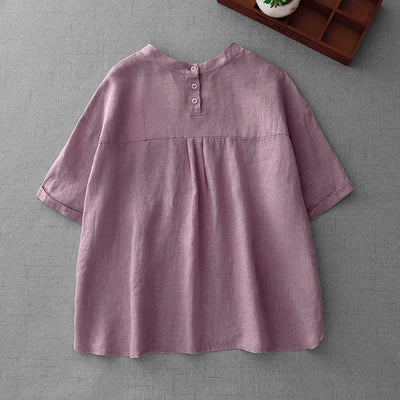 Buddha Stones Summer Casual Minimalist Back Buttons Solid Women's Short Sleeve T-Shirts With Front Pockets - image 1