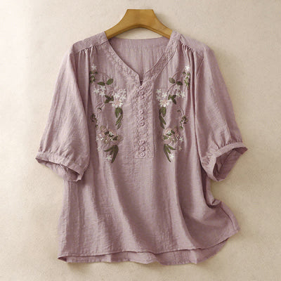Buddha Stones Summer Boho Embroidery Floral Women's Short Sleeve Shirt - PaleVioletRed - US8-10，UK/AU12-14，EU40-42 (2XL) - image 6