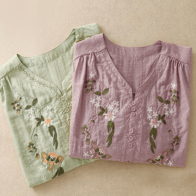 Buddha Stones Summer Boho Embroidery Floral Women's Short Sleeve Shirt - image 17