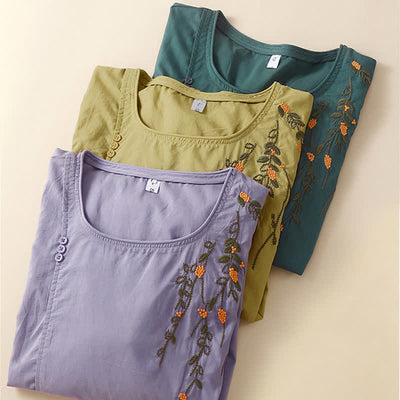 Buddha Stones Summer Casual Crew Neck Embroidery Flower Women's Short Sleeve T-Shirts - image 16