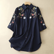 Foviel Frühling Sommer Boho Stickerei Floral Damen Kurzarm Hemd
