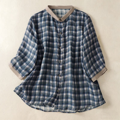 Buddha Stones Summer Vintage Button Up Plaid Women's Short Sleeve Shirts - SteelBlue - US8-10，UK/AU12-14，EU40-42 (2XL) - image 8