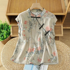 Buddha Stones Summer Elegant Mandarin Collar Side Slit Floral Print Women's Sleeveless Shirts - Beige - US14，UK/AU18，EU46 (2XL) - image 0