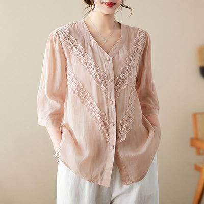 Buddha Stones Summer Solid V-Neck Lace-trimmed Women's Elbow-Length Sleeve Shirts - LightPink - US8-10，UK/AU12-14，EU40-42 (2XL) - image 21