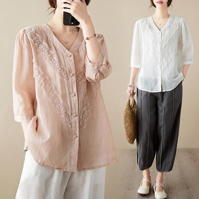 Buddha Stones Summer Solid V-Neck Lace-trimmed Women's Elbow-Length Sleeve Shirts - image 28