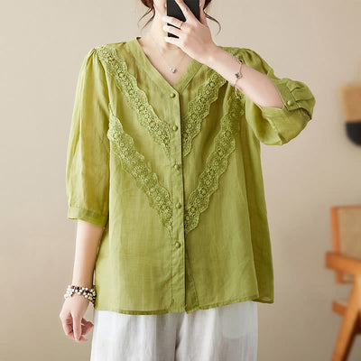 Buddha Stones Summer Solid V-Neck Lace-trimmed Women's Elbow-Length Sleeve Shirts - image 1