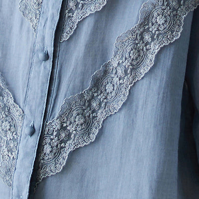 Buddha Stones Summer Solid V-Neck Lace-trimmed Women's Elbow-Length Sleeve Shirts - image 19