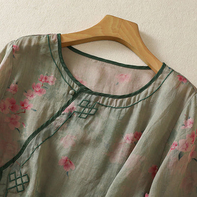 Buddha Stones Summer Frog Button Floral Crew Neck Women's Elbow-Length Sleeve Shirts - image 17