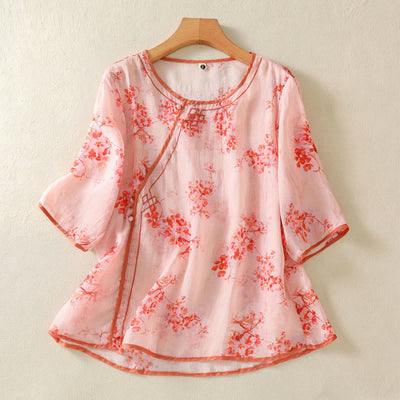 Buddha Stones Summer Frog Button Floral Crew Neck Women's Elbow-Length Sleeve Shirts - LightPink - US8-10，UK/AU12-14，EU40-42 (2XL) - image 7