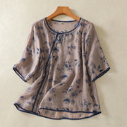 Foviel thyi Sommer Frog Knopf Floral Crew Hals Ellbogen-Länge Ärmel Damen Hemden