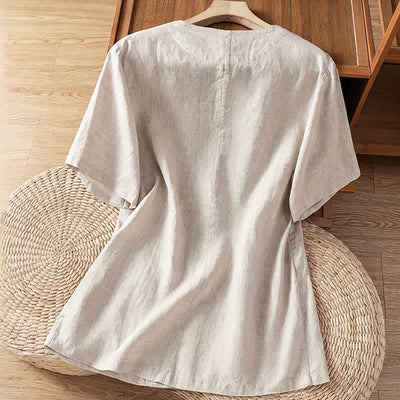 Buddha Stones Summer Casual Button-Up Solid V-Neck Women's Short Sleeve Shirts With Pockets - image 18