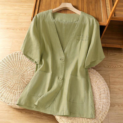 Buddha Stones Summer Casual Button-Up Solid V-Neck Women's Short Sleeve Shirts With Pockets - PaleGreen - US8-10，UK/AU12-14，EU40-42 (2XL) - image 0