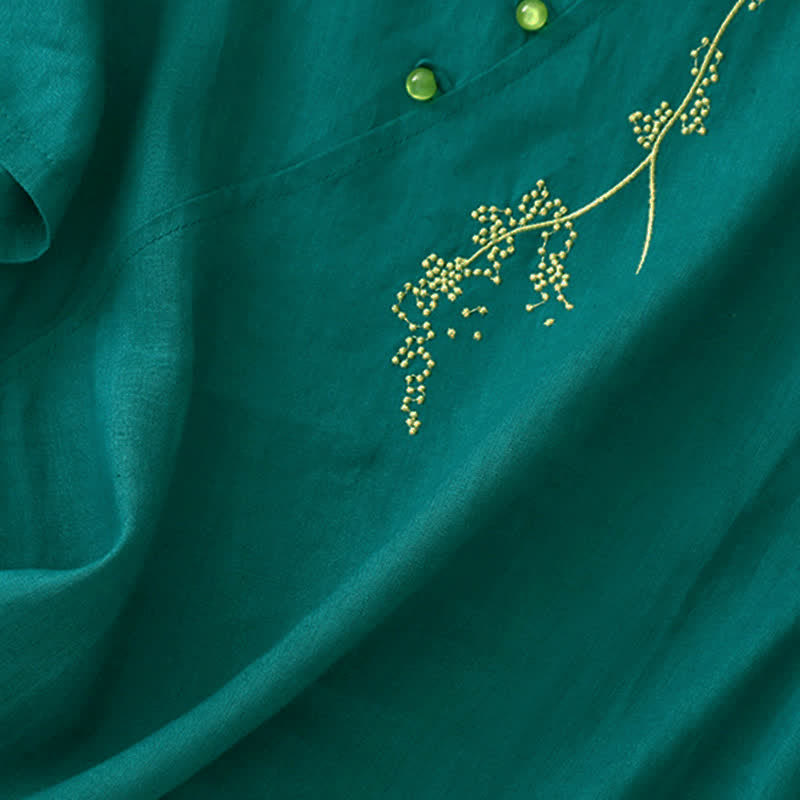 Buddha Stones Summer Vintage Solid Embroidery Decorative Buttons Women's Short Sleeve Shirts - image 3
