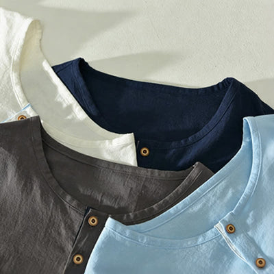 Buddha Stones Summer Casual Minimalist Two Buttons Solid Cotton Linen Men's Short Sleeve Shirts - image 15