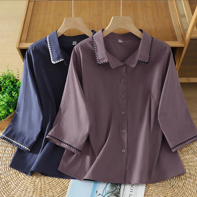 Buddha Stones Summer Casual Minimalist Wavy Line Button-Up Solid Women's Short Sleeve Shirts - image 16