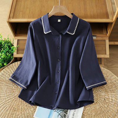 Buddha Stones Summer Casual Minimalist Wavy Line Button-Up Solid Women's Short Sleeve Shirts - MidnightBlue - US8-10, UK/AU12-14, EU40-42 (2XL) - image 0