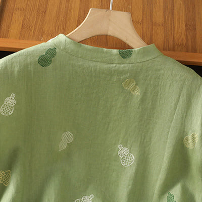 Buddha Stones Summer Tang Style Mandarin Collar Frog Button Gourd Embroidery Women's Short Sleeve Shirts - image 4