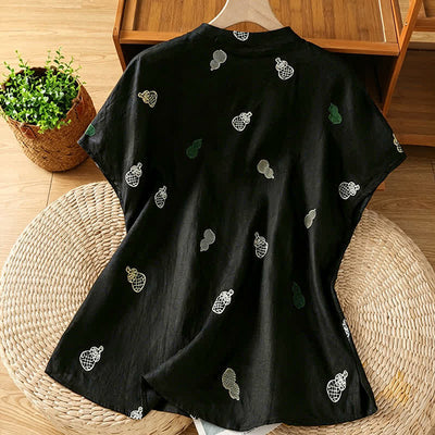 Buddha Stones Summer Tang Style Mandarin Collar Frog Button Gourd Embroidery Women's Short Sleeve Shirts - image 8