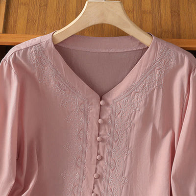 Buddha Stones Summer Vintage Geometric Embroidery Button-Up Solid Women's Short Sleeve Shirts - image 28