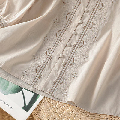 Buddha Stones Summer Vintage Geometric Embroidery Button-Up Solid Women's Short Sleeve Shirts - image 4