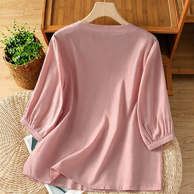Buddha Stones Summer Vintage Geometric Embroidery Button-Up Solid Women's Short Sleeve Shirts - image 27