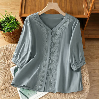 Buddha Stones Summer Vintage Geometric Embroidery Button-Up Solid Women's Short Sleeve Shirts - CadetBlue - US8-10, UK/AU12-14, EU40-42 (2XL) - image 5