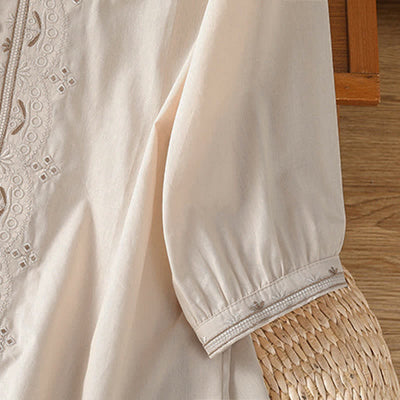 Buddha Stones Summer Vintage Geometric Embroidery Button-Up Solid Women's Short Sleeve Shirts - image 3