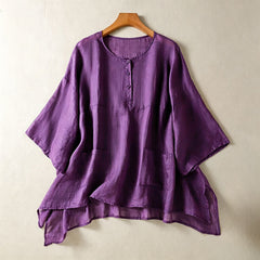 Buddha Stones Summer Casual Boho Patch Pocket Half Button Solid Bell Sleeve Women's Short Sleeve Shirts - RebeccaPurple - US14, UK/AU18, EU46 (2XL) - image 0