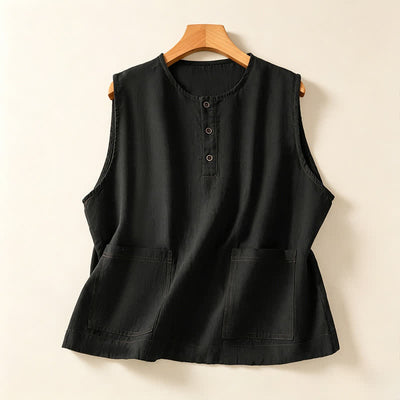 Buddha Stones Summer Casual Minimalist Button-Up Solid Women's Sleeveless Shirts Tank Top With Patch Pocket - Black - US12, UK/AU16, EU44 (2XL) - image 7