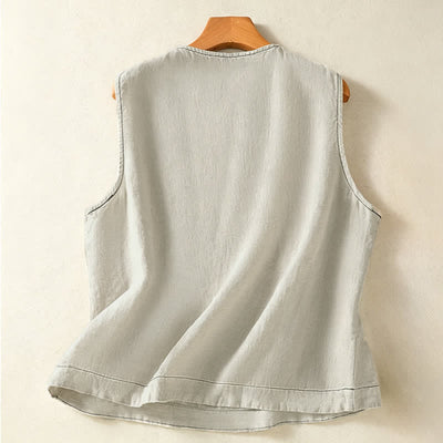 Buddha Stones Summer Casual Minimalist Button-Up Solid Women's Sleeveless Shirts Tank Top With Patch Pocket - image 1