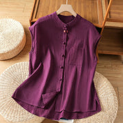 Foviel Summer Tang Style Casual Mandarin Collar Button-Up Solid Patch Pocket Women's Sleeveless Shirts Tank Top