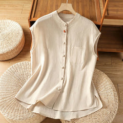 Buddha Stones Summer Tang Style Casual Mandarin Collar Button-Up Solid Patch Pocket Women's Sleeveless Shirts Tank Top - Beige - US12, UK/AU16, EU44 (2XL) - image 0