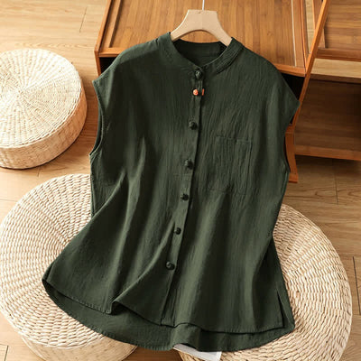 Buddha Stones Summer Tang Style Casual Mandarin Collar Button-Up Solid Patch Pocket Women's Sleeveless Shirts Tank Top - DarkOliveGreen - US12, UK/AU16, EU44 (2XL) - image 9