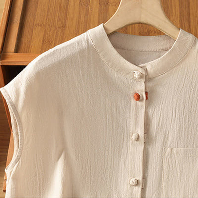 Buddha Stones Summer Tang Style Casual Mandarin Collar Button-Up Solid Patch Pocket Women's Sleeveless Shirts Tank Top - image 2