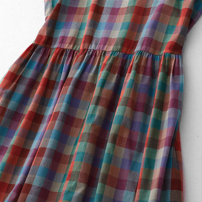 Buddha Stones Summer Casual Vintage Drawstring Rainbow Plaid Women's Summer Sleeveless Dress - image 6