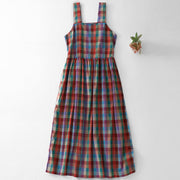 Foviel Summer Casual Vintage Drawstring Rainbow Plaid Women's Summer Sleeveless Dress