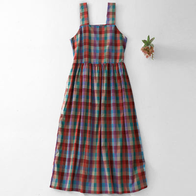 Buddha Stones Summer Casual Vintage Drawstring Rainbow Plaid Women's Summer Sleeveless Dress - Sienna - US8-10，UK/AU12-14，EU40-42 (2XL) - image 0
