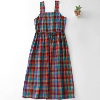 Buddha Stones Summer Casual Vintage Drawstring Rainbow Plaid Women's Summer Sleeveless Dress - image 1