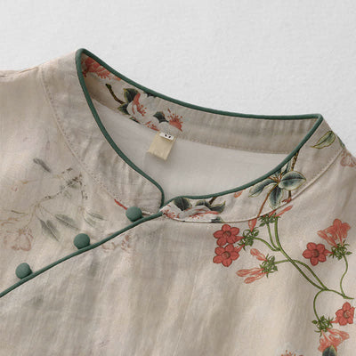 Buddha Stones Summer Tang Style Mandarin Collar Small Red Flowers Women's Short Sleeve Dress - image 3
