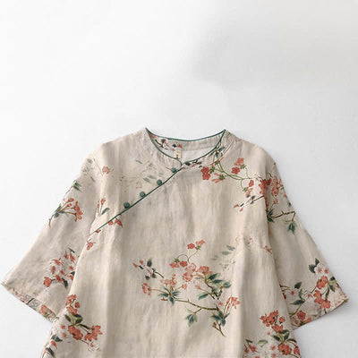 Buddha Stones Summer Tang Style Mandarin Collar Small Red Flowers Women's Short Sleeve Dress - image 2