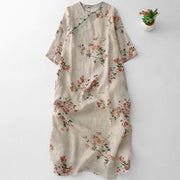 Foviel Summer Tang Style Mandarin Collar Small Red Flowers Women's Short Sleeve Dress