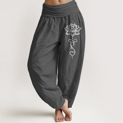Buddha Stones Pure Cotton Lotus Heart Pattern Women's Elastic Waist Harem Pants - DimGray - US16，UK/AU20，EU48 (3XL) - image 8