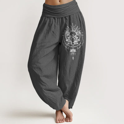 Buddha Stones Pure Cotton Lotus Pattern Women's Elastic Waist Harem Pants - DimGray - US16，UK/AU20，EU48 (3XL) - image 11