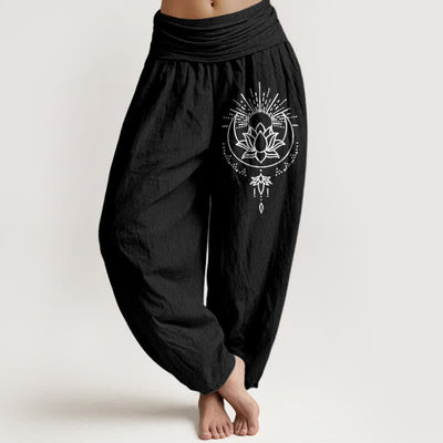 Buddha Stones Pure Cotton Lotus Pattern Women's Elastic Waist Harem Pants - Black - US16，UK/AU20，EU48 (3XL) - image 5