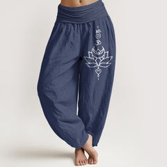 Buddha Stones Pure Cotton Lotus Bloom Pattern Women's Elastic Waist Harem Pants - DarkSlateBlue - US16，UK/AU20，EU48 (3XL) - image 0