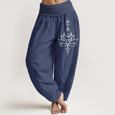 Buddha Stones Pure Cotton Lotus Bloom Pattern Women's Elastic Waist Harem Pants - DarkSlateBlue - US16，UK/AU20，EU48 (3XL) - image 0