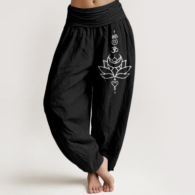 Buddha Stones Pure Cotton Lotus Bloom Pattern Women's Elastic Waist Harem Pants - Black - US16，UK/AU20，EU48 (3XL) - image 5