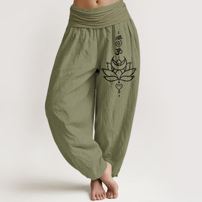 Buddha Stones Pure Cotton Lotus Bloom Pattern Women's Elastic Waist Harem Pants - OliveDrab - US16，UK/AU20，EU48 (3XL) - image 14