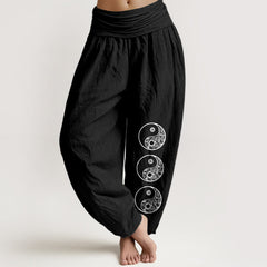 Buddha Stones Pure Cotton Yin Yang Pattern Women's Elastic Waist Harem Pants - Black - US16，UK/AU20，EU48 (3XL) - image 0