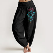 Foviel reine Baumwolle Deep Pink Lotus Blue Swirl Muster Damen elastische Taille Harem Hose